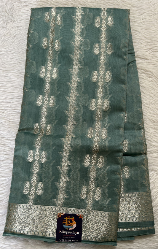 Maheshwari Chanderi Cotton Saree Sea Blue Colored Complemented with a Zari Border. - Sampradaya Designer Studio