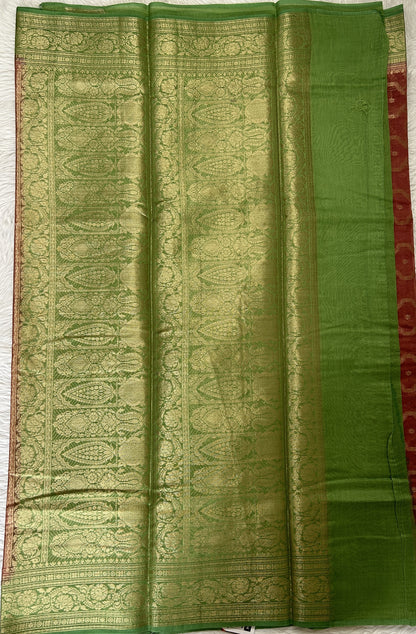 Maheshwari Chanderi Cotton Saree Rusty Rose Colored Complemented with a Green Zari Border. - Sampradaya Designer Studio