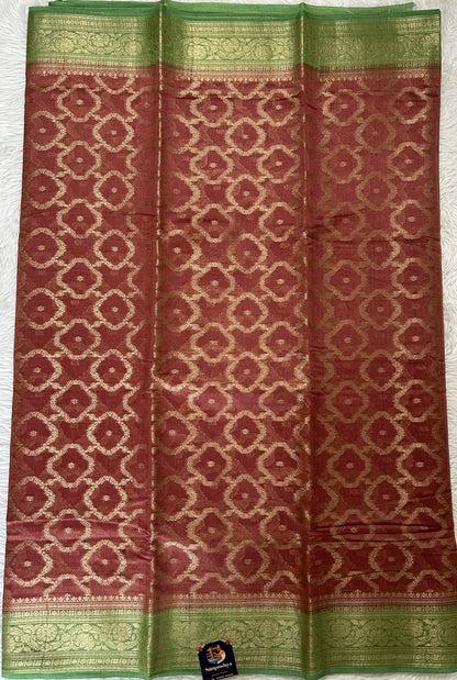 Maheshwari Chanderi Cotton Saree Rusty Rose Colored Complemented with a Green Zari Border. - Sampradaya Designer Studio