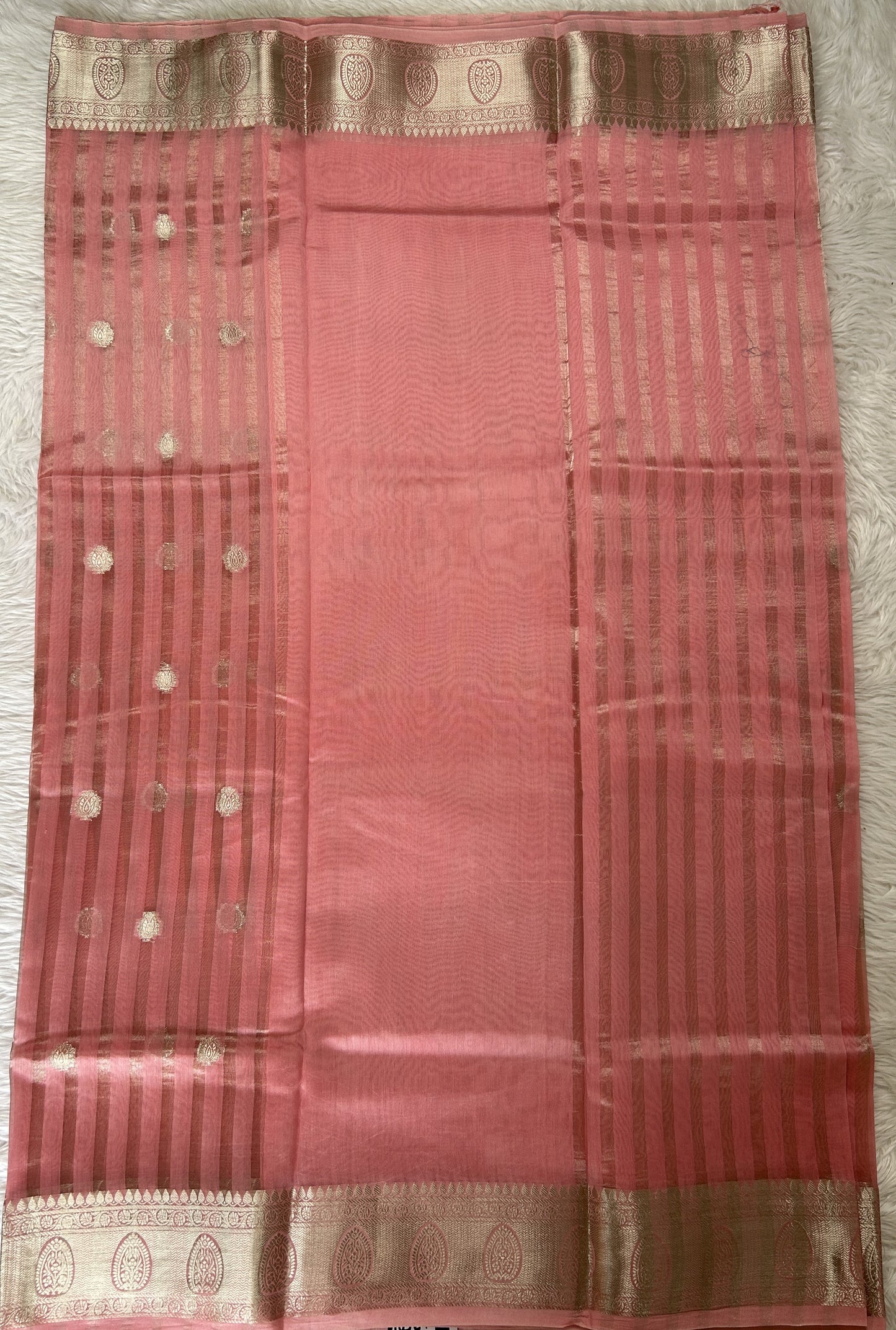 Maheshwari Chanderi Cotton Saree Pink Colored Complemented with a Zari Border. - Sampradaya Designer Studio