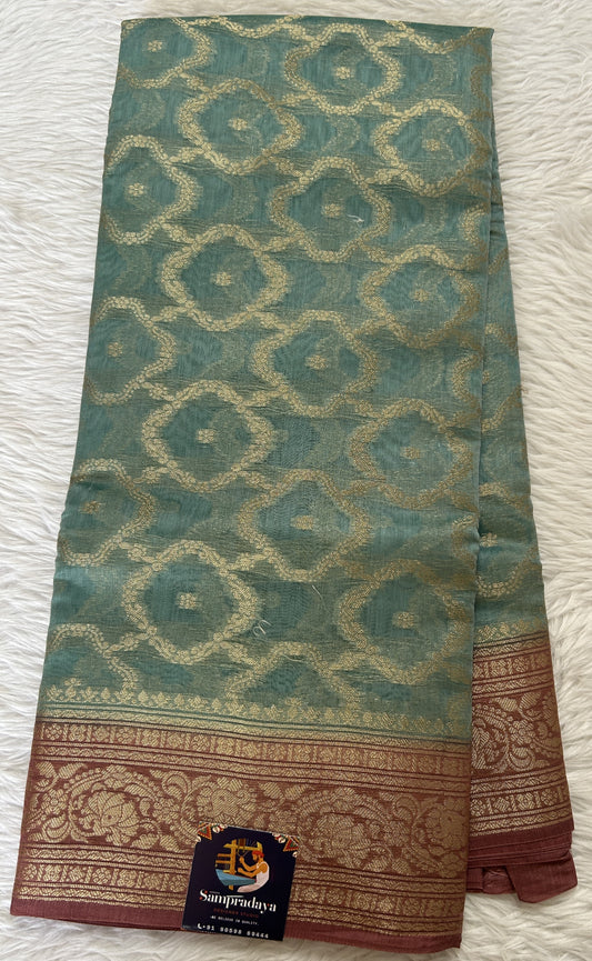 Maheshwari Chanderi Cotton Saree Sea Blue Colored Complemented with a Rusty Rose Color Zari Border. - Sampradaya Designer Studio