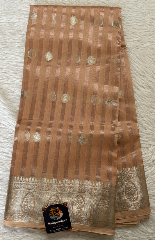 Maheshwari Chanderi Cotton Saree Coral Colored Complemented with a Zari Border. - Sampradaya Designer Studio