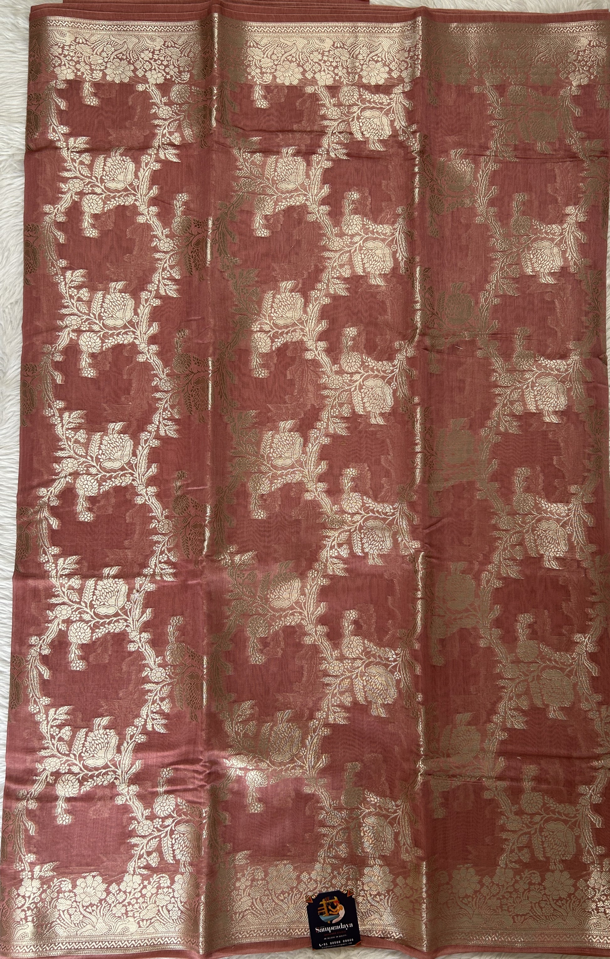 Maheshwari Chanderi Cotton Saree Onion Pink Colored Complemented with a Zari Border. - Sampradaya Designer Studio