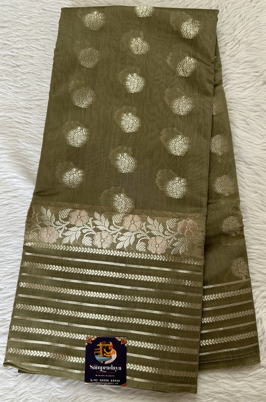 Maheshwari Chanderi Cotton Saree Olive Green Colored Complemented with a Zari Border. - Sampradaya Designer Studio