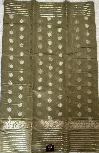 Maheshwari Chanderi Cotton Saree Olive Green Colored Complemented with a Zari Border. - Sampradaya Designer Studio