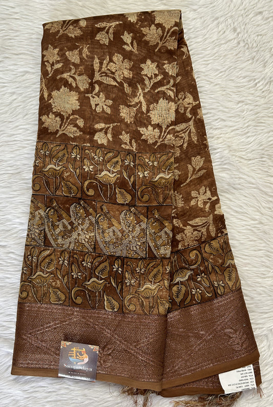 Maheshwari Chanderi Cotton Saree Brown Colored Complemented with a Zari Border. - Sampradaya Designer Studio