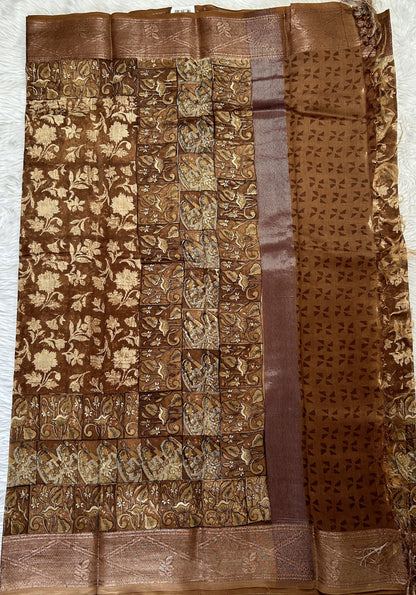 Maheshwari Chanderi Cotton Saree Brown Colored Complemented with a Zari Border. - Sampradaya Designer Studio