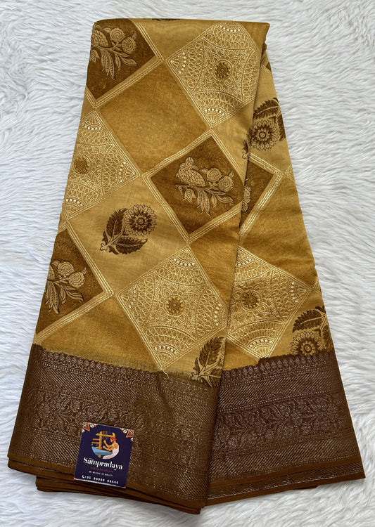 Maheshwari Chanderi Cotton Saree Mustard Yellow Colored Complemented with a Brown Color Zari Border. - Sampradaya Designer Studio