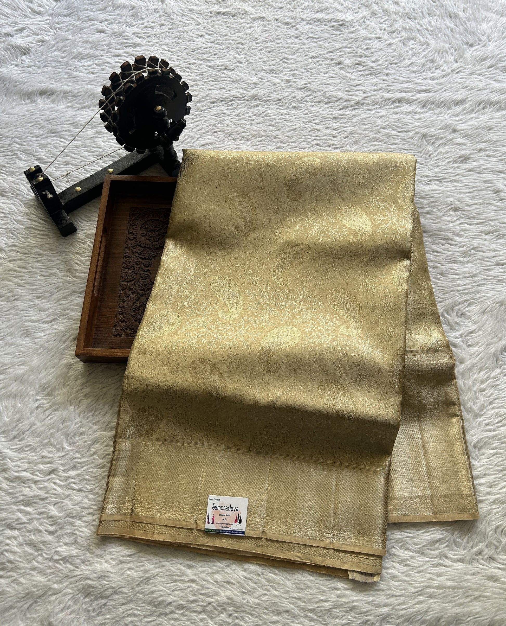 Kanjivaram Bridal Silk Saree Light Gold colored complemented with a Zari border. - Sampradaya Designer Studio