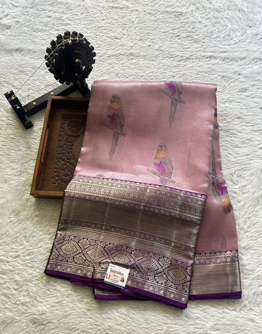 Kanjivaram Bridal Silk Saree Pink colored complemented with a Zari border. - Sampradaya Designer Studio