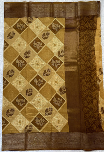 Maheshwari Chanderi Cotton Saree Mustard Yellow Colored Complemented with a Brown Color Zari Border. - Sampradaya Designer Studio