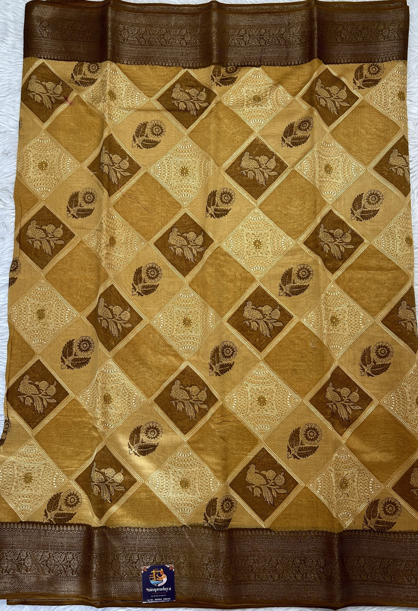 Maheshwari Chanderi Cotton Saree Mustard Yellow Colored Complemented with a Brown Color Zari Border. - Sampradaya Designer Studio