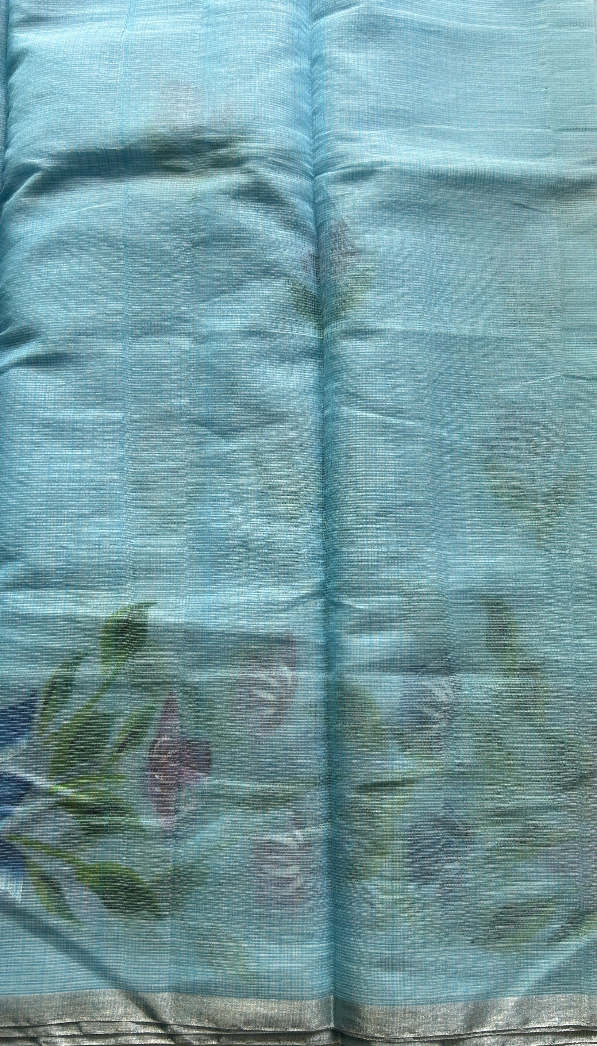 Cotton Kota Hand Painted Saree Sky Blue Colored Complemented with a Borderless. - Sampradaya Designer Studio