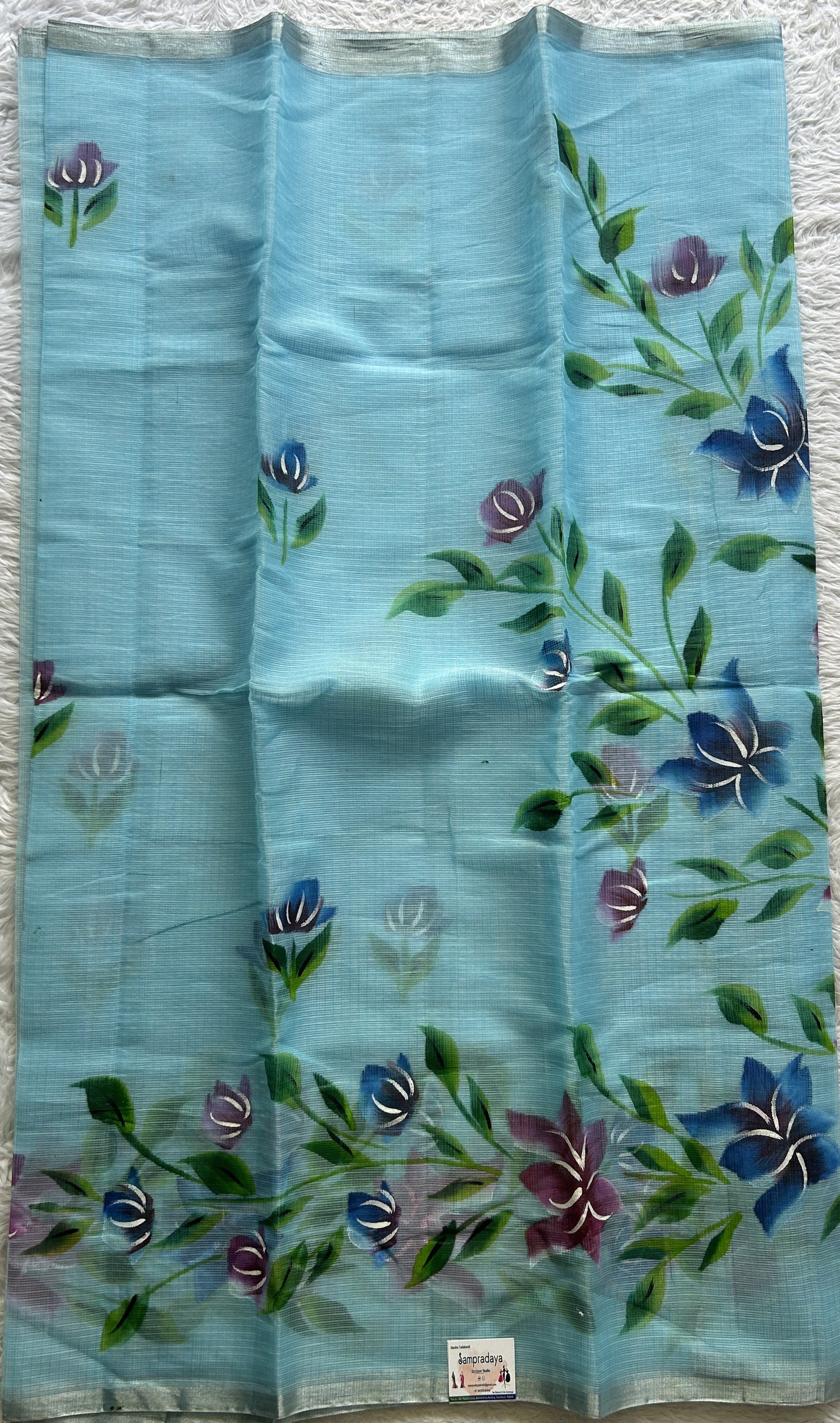 Cotton Kota Hand Painted Saree Sky Blue Colored Complemented with a Borderless. - Sampradaya Designer Studio