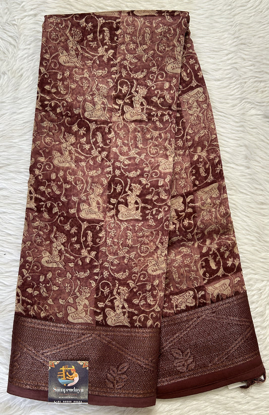 Maheshwari Chanderi Cotton Saree Brown Rust Colored Complemented with a Zari Border. - Sampradaya Designer Studio