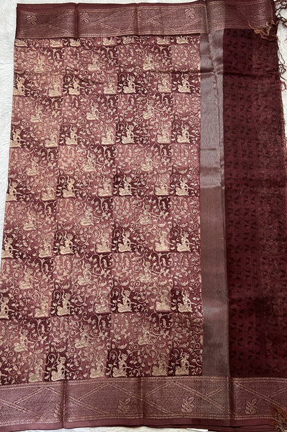 Maheshwari Chanderi Cotton Saree Brown Rust Colored Complemented with a Zari Border. - Sampradaya Designer Studio