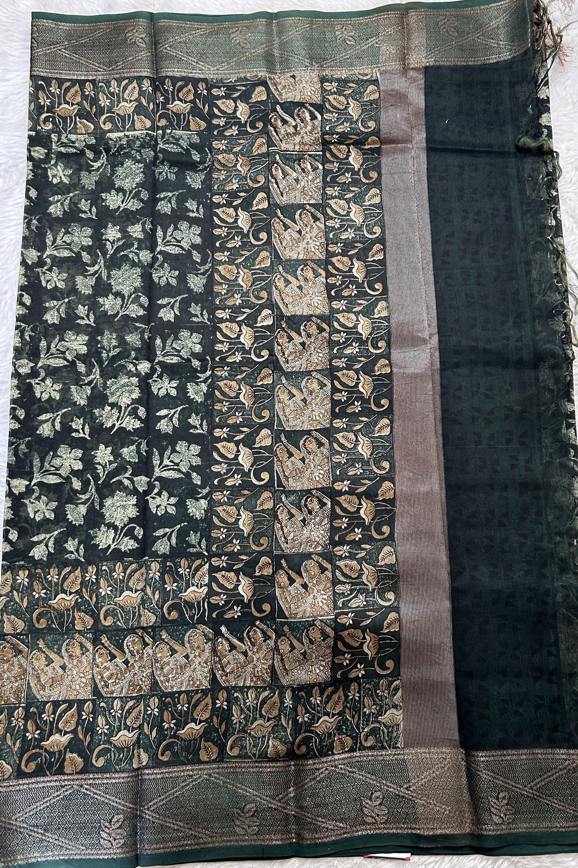 Maheshwari Chanderi Cotton Saree Bottle Green Colored Complemented with a Zari Border. - Sampradaya Designer Studio