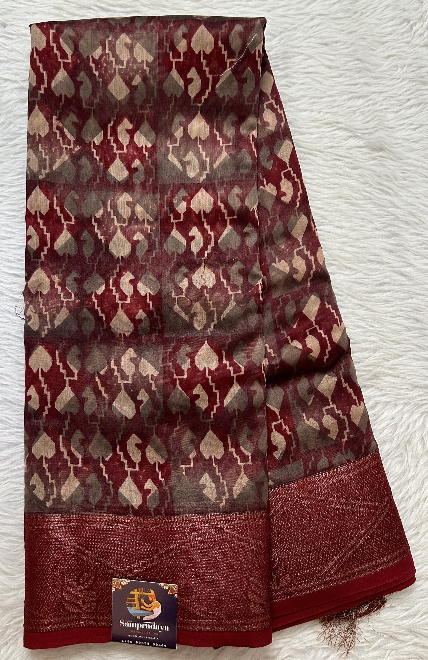 Maheshwari Chanderi Cotton Saree Maroon Colored Complemented with a Zari Border. - Sampradaya Designer Studio