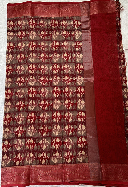 Maheshwari Chanderi Cotton Saree Maroon Colored Complemented with a Zari Border. - Sampradaya Designer Studio