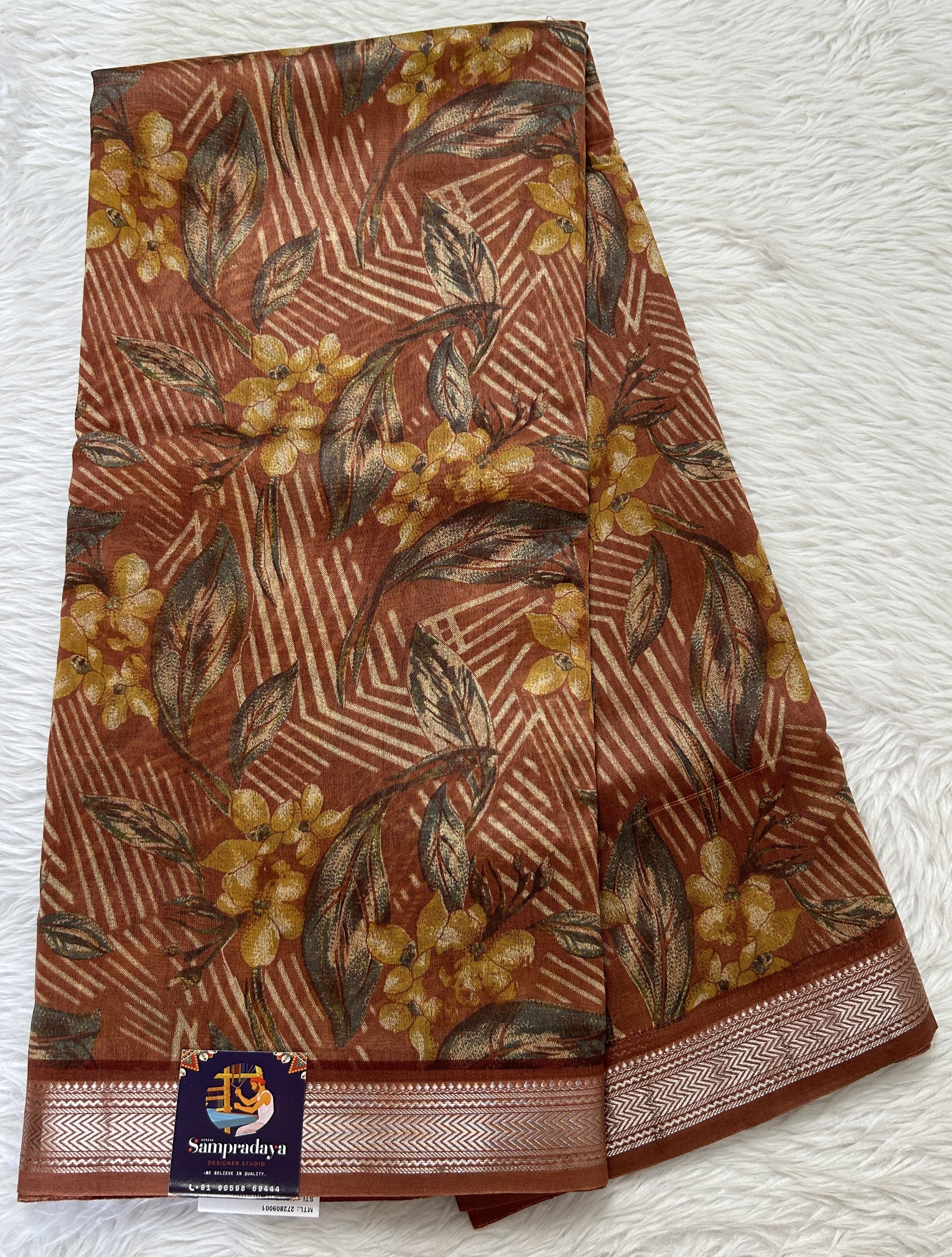 Maheshwari Chanderi Cotton Saree Chocolate Brown Colored Complemented with a Zari Border. - Sampradaya Designer Studio