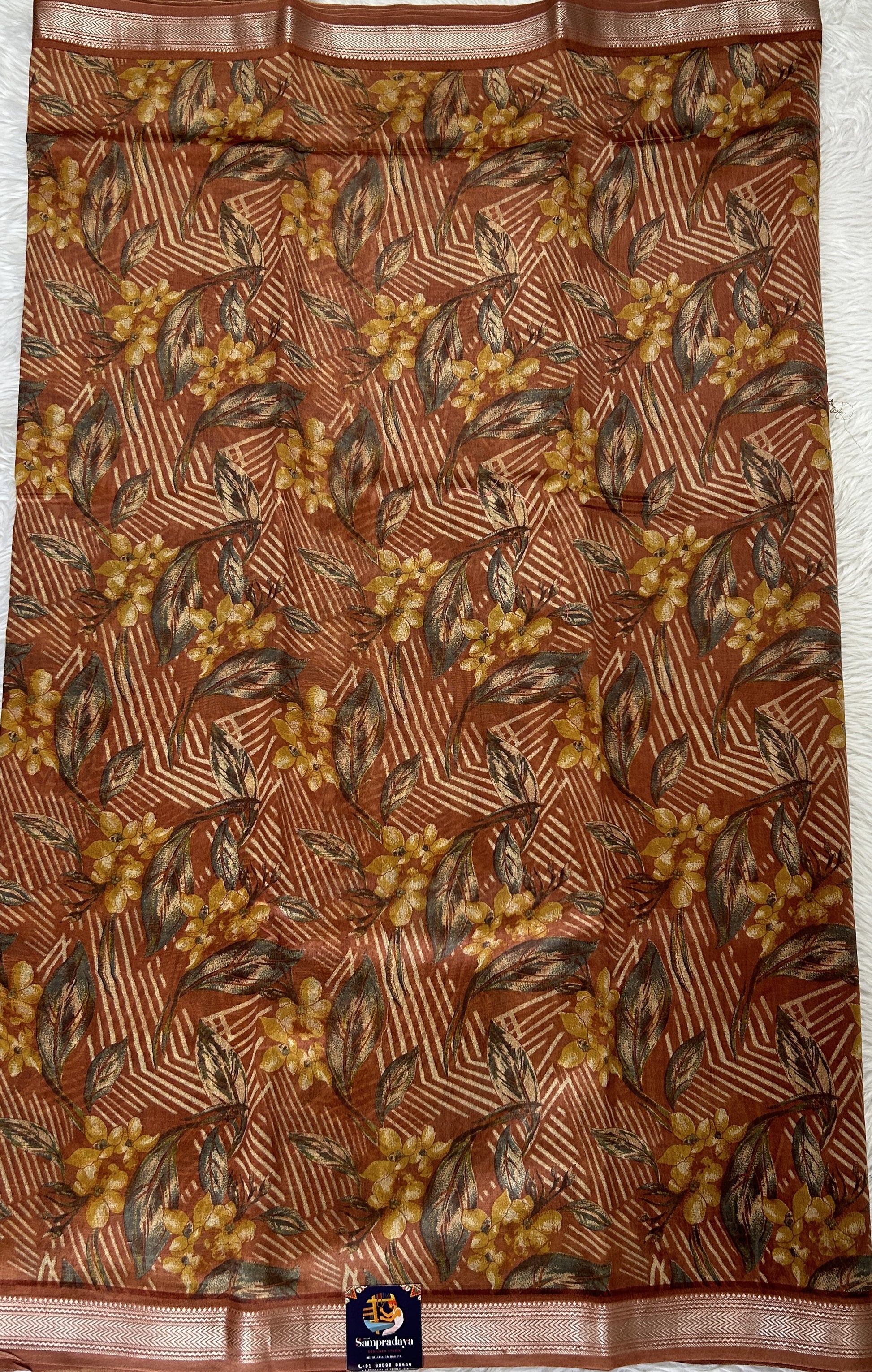 Maheshwari Chanderi Cotton Saree Chocolate Brown Colored Complemented with a Zari Border. - Sampradaya Designer Studio