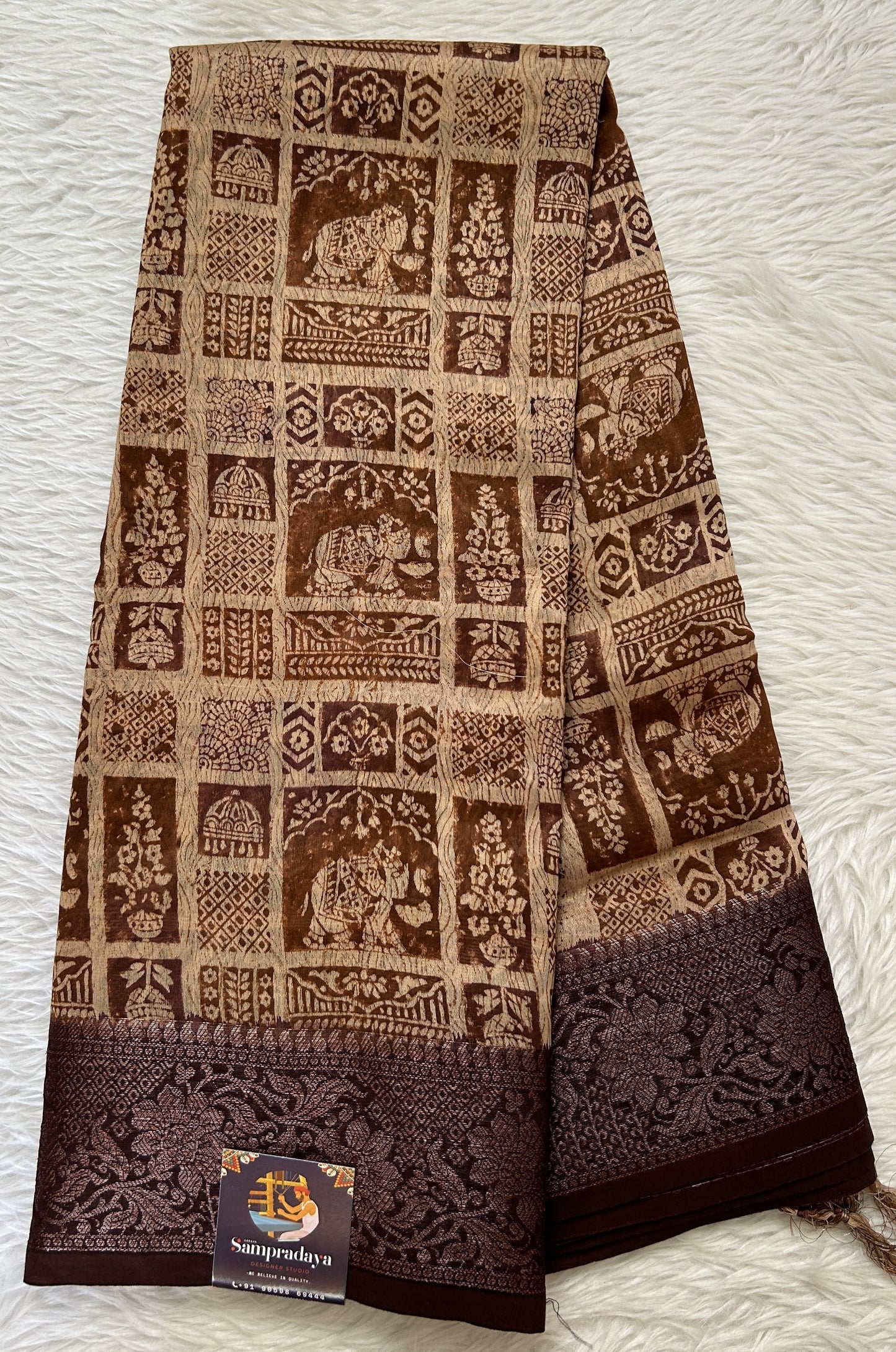 Maheshwari Chanderi Cotton Saree Cream Colored Complemented with a Brown Color Zari Border. - Sampradaya Designer Studio