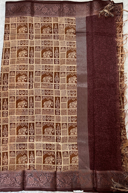 Maheshwari Chanderi Cotton Saree Cream Colored Complemented with a Brown Color Zari Border. - Sampradaya Designer Studio