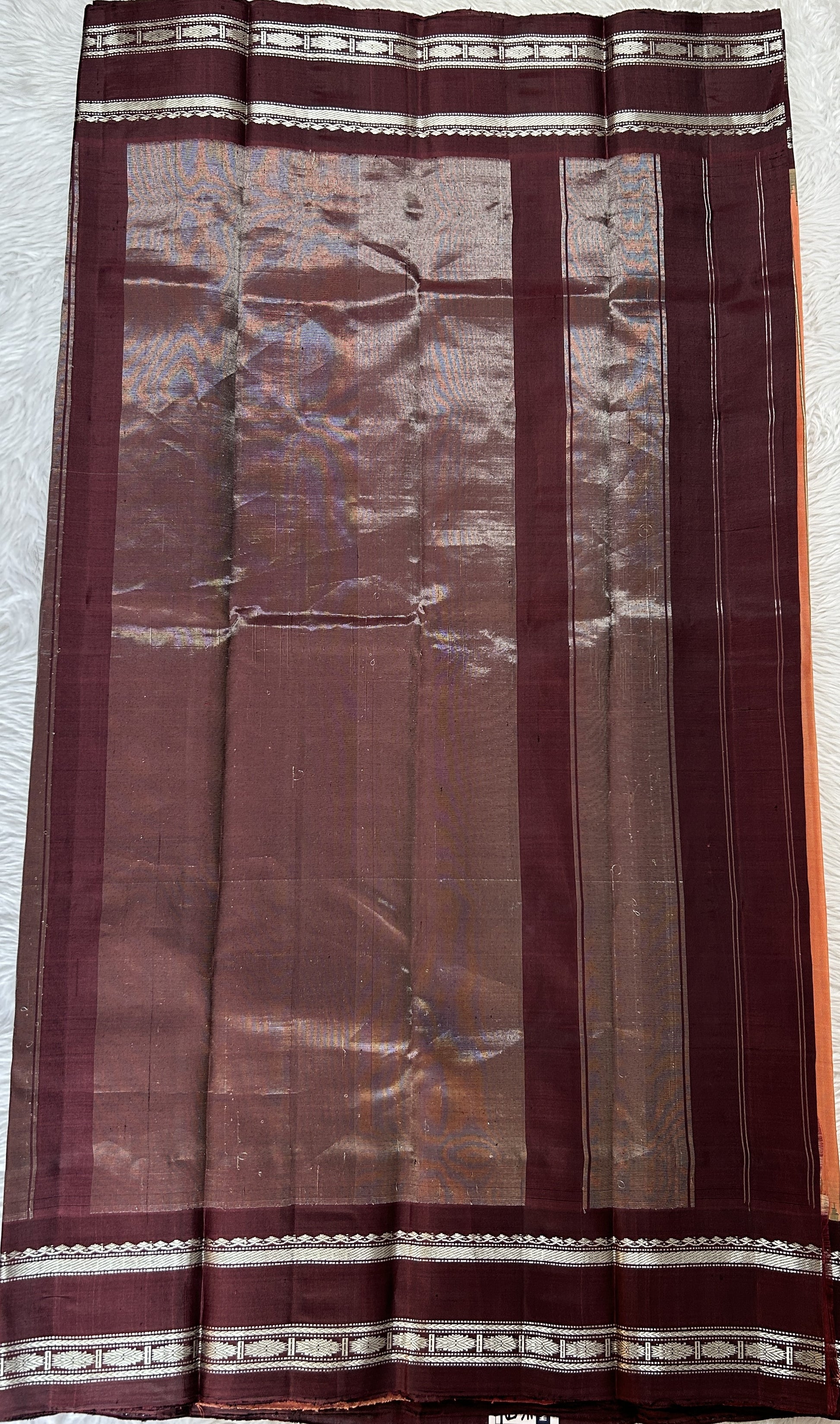 Gadwal Silk Saree Orange Colored Complemented With a Brown Color Kanchi Gap Border - Sampradaya Designer Studio