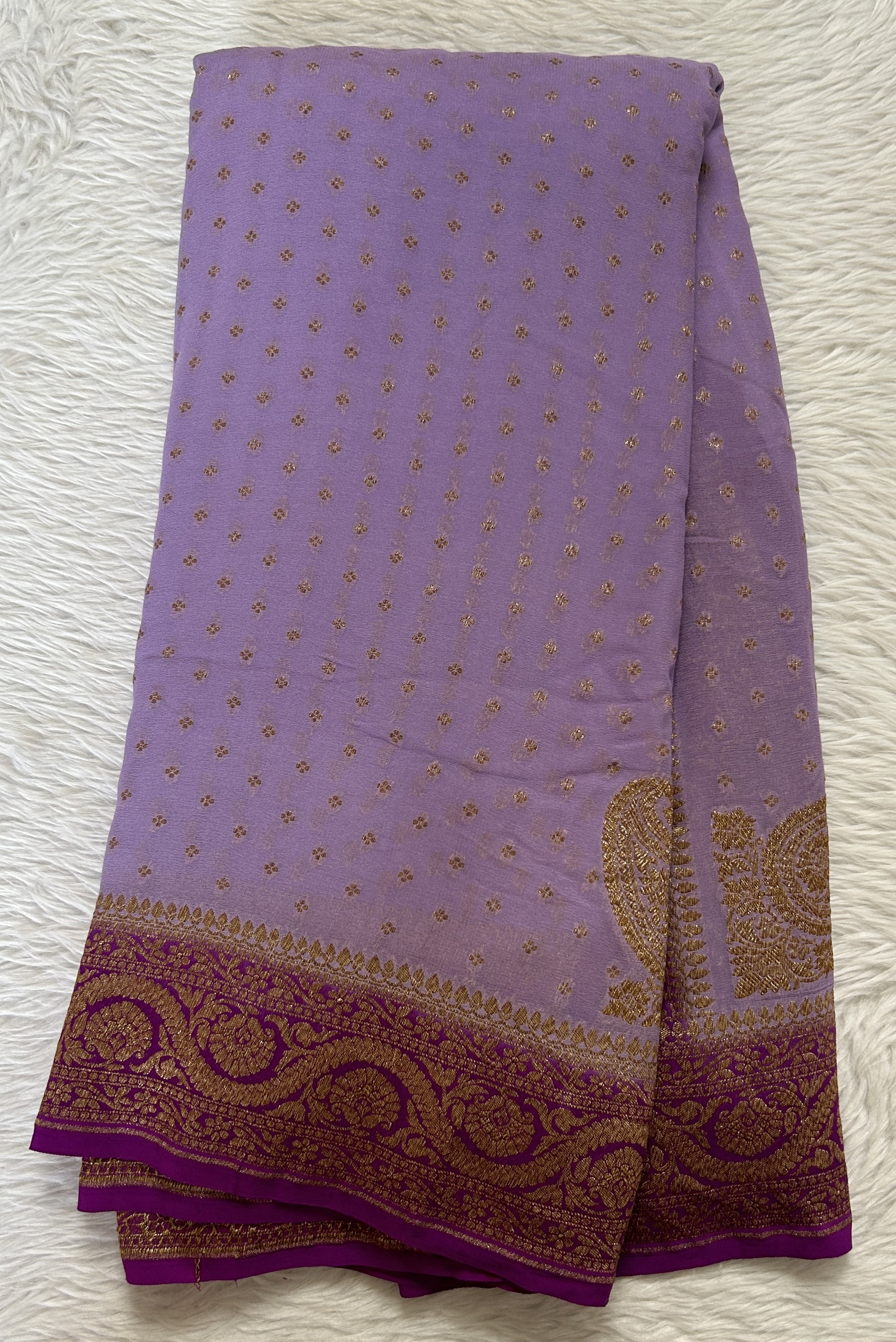 Banarasi Georgette Saree Lavender Colored Complemented with a Violet Zari border. - Sampradaya Designer Studio