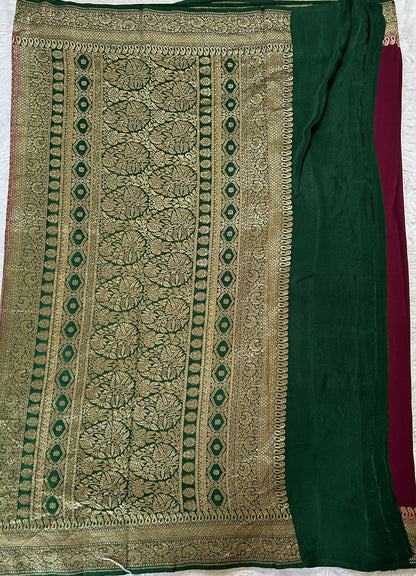 Banarasi Georgette Saree Deep Purple Colored Complemented with a Green Color Zari border. - Sampradaya Designer Studio