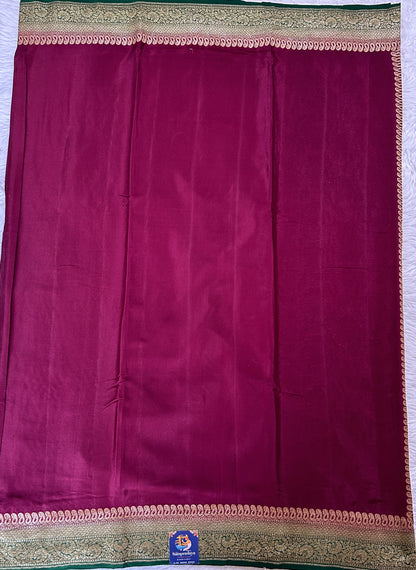 Banarasi Georgette Saree Deep Purple Colored Complemented with a Green Color Zari border. - Sampradaya Designer Studio