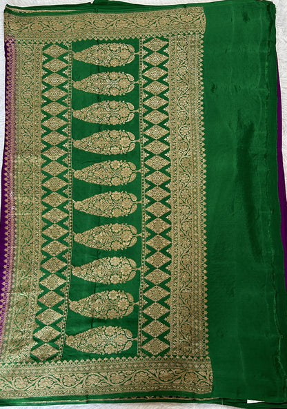 Banarasi Georgette Saree Purple Colored Complemented with a Green Color Zari border. - Sampradaya Designer Studio