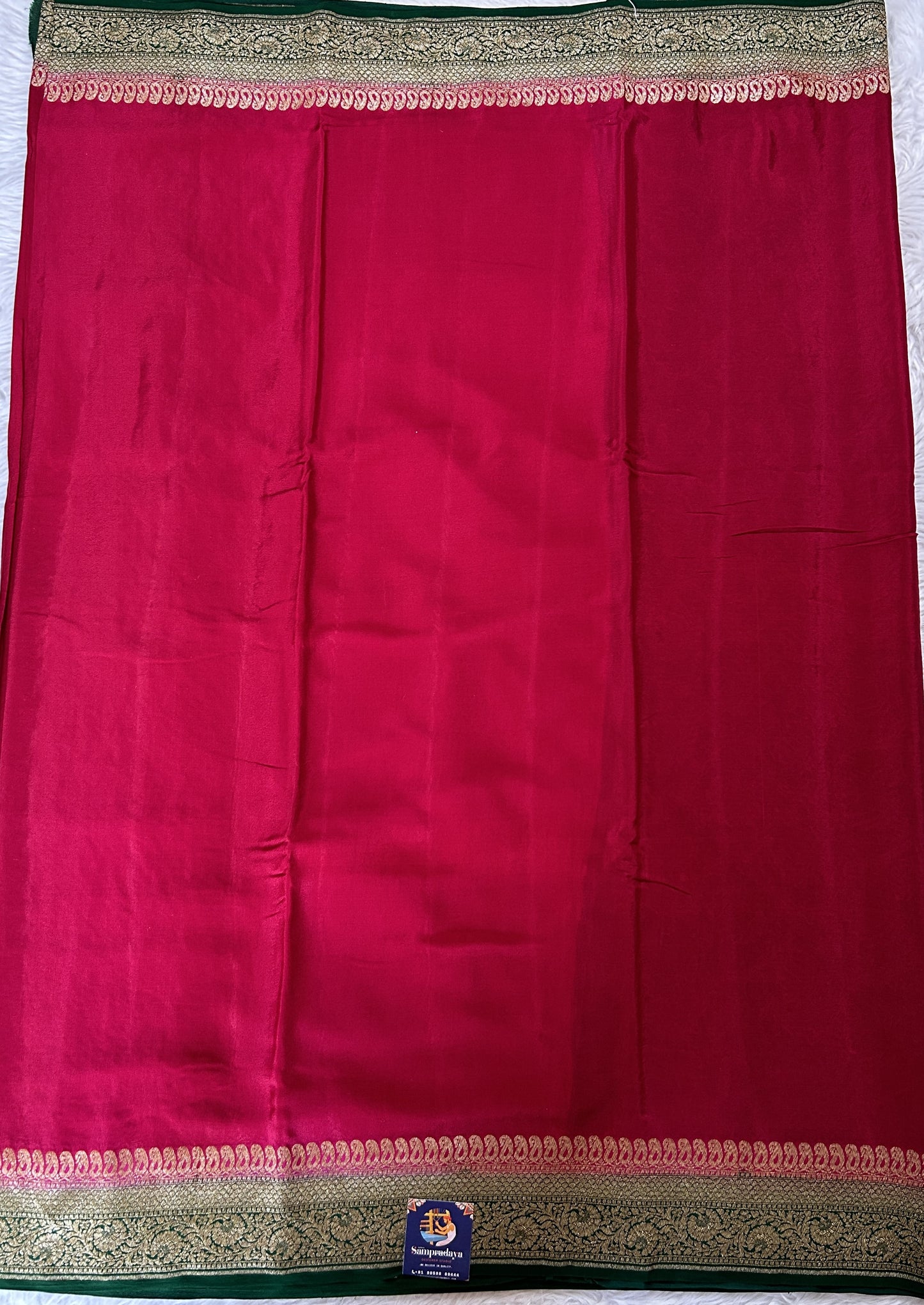 Banarasi Georgette Saree Scarlet Colored Complemented with a Green Color Zari border. - Sampradaya Designer Studio