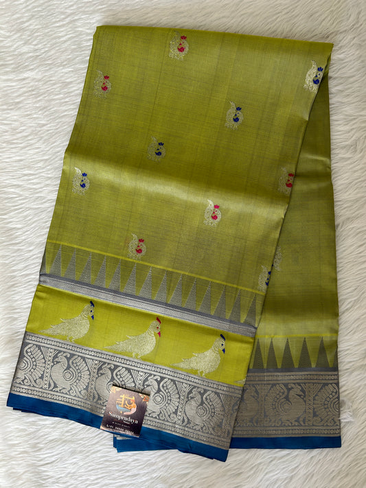 Venkatagiri Pattu Saree Parrot Green Colored Complemented With a Pattu Teal Blue Color Border - Sampradaya Designer Studio