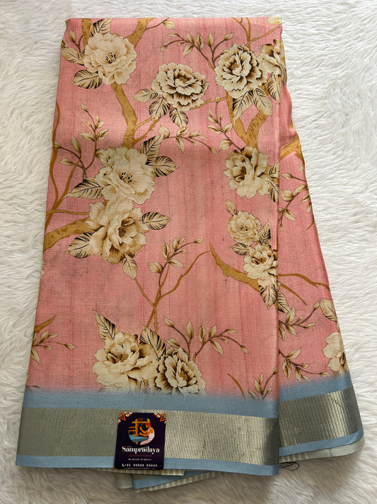 Semi Tussar Tissue Designer Saree Pink colored complemented with a Light Blue Color Zari Border. - Sampradaya Designer Studio