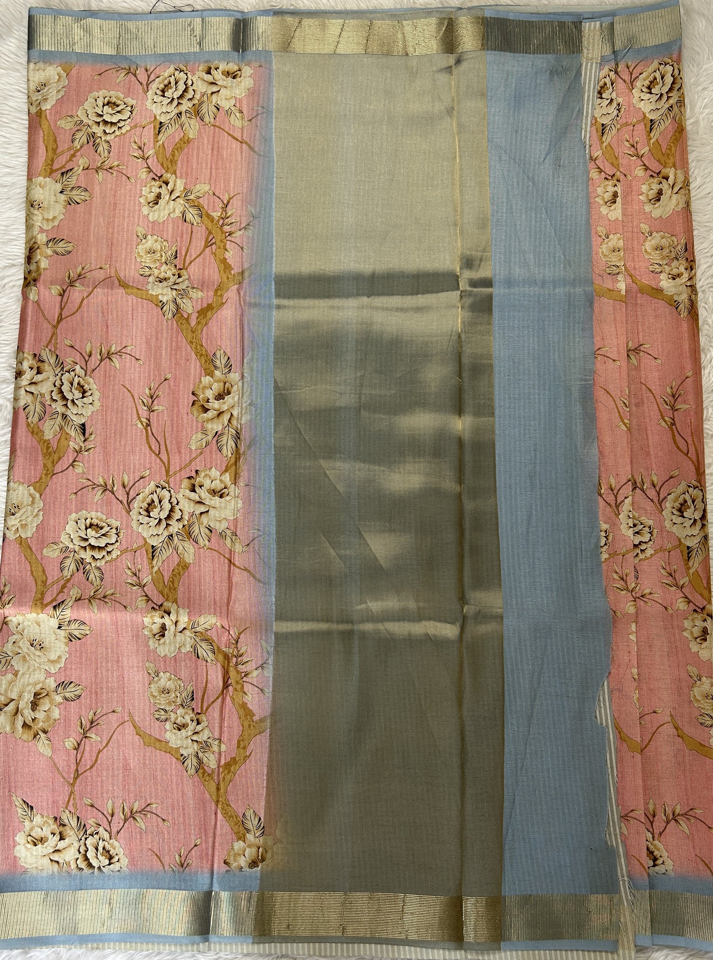 Semi Tussar Tissue Designer Saree Pink colored complemented with a Light Blue Color Zari Border. - Sampradaya Designer Studio