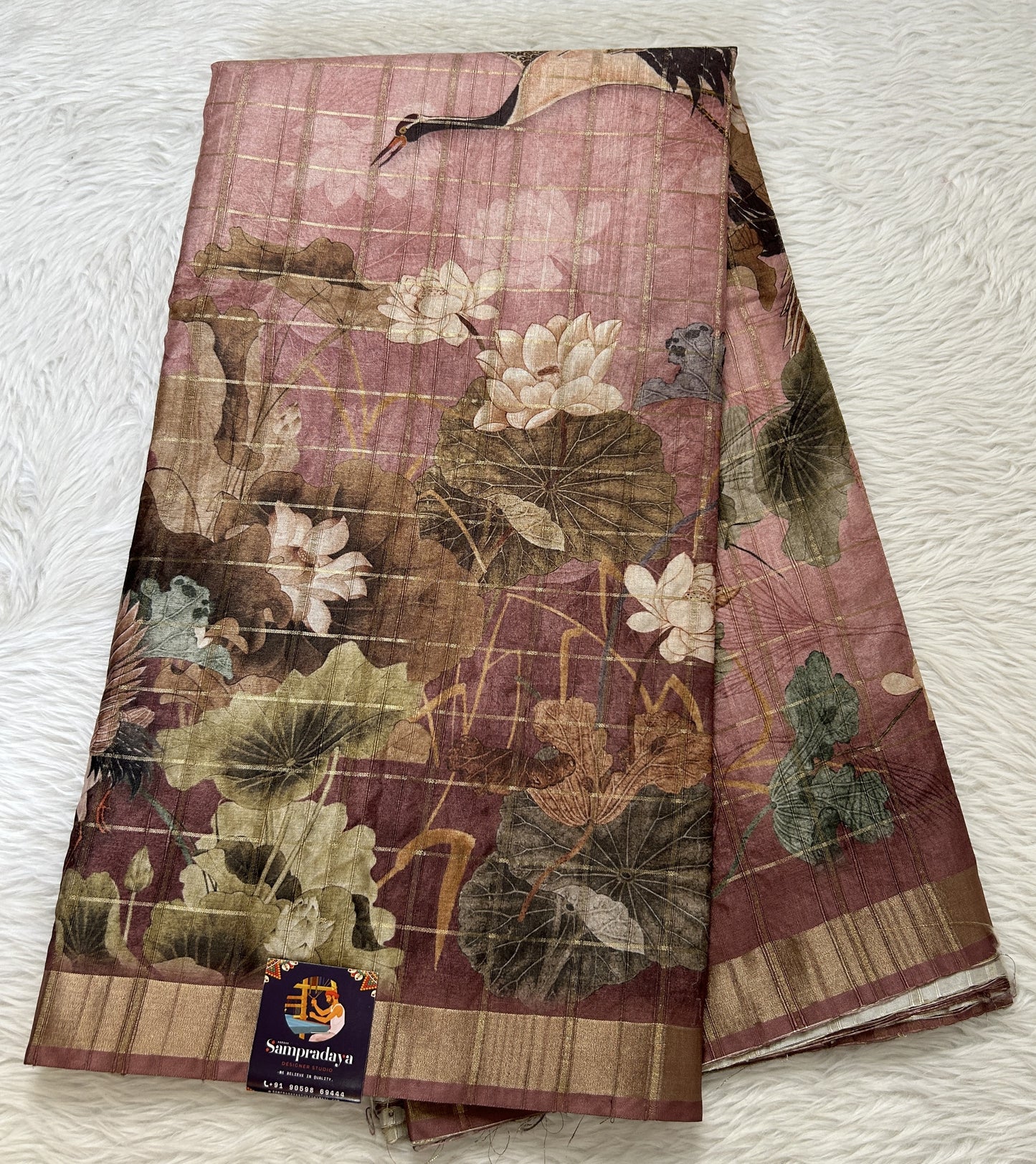 Semi Tussar Tissue Designer Saree Pink colored complemented with a Mauve Zari Border. - Sampradaya Designer Studio