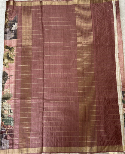 Semi Tussar Tissue Designer Saree Pink colored complemented with a Mauve Zari Border. - Sampradaya Designer Studio