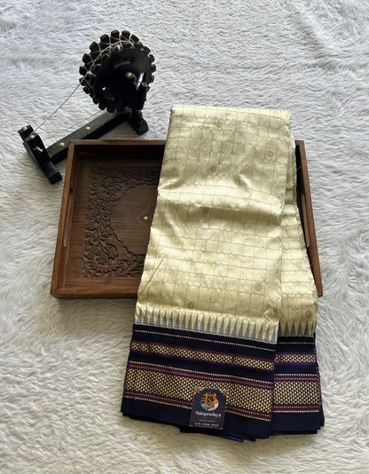 Narayanpet Silk Checks Saree Cream Colored Complemented with a Zari Border. - Sampradaya Designer Studio