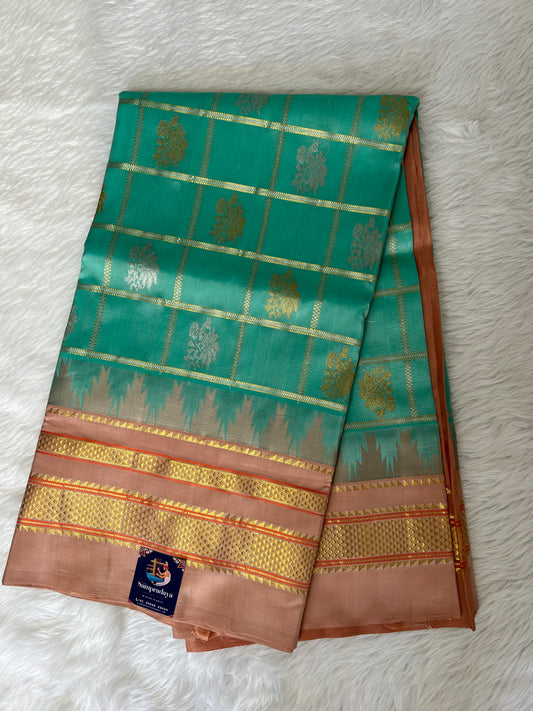 Venkatagiri Pattu Saree Lux Green Colored Complemented With a Pattu Dusty Rose Color Gap Border - Sampradaya Designer Studio