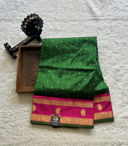 Narayanpet Silk Saree Bottle Green Colored Complemented with a Pink Zari Border. - Sampradaya Designer Studio