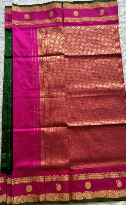 Narayanpet Silk Saree Bottle Green Colored Complemented with a Pink Zari Border. - Sampradaya Designer Studio