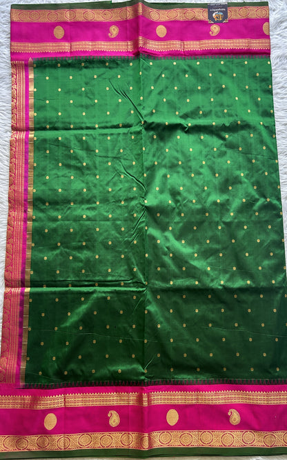 Narayanpet Silk Saree Bottle Green Colored Complemented with a Pink Zari Border. - Sampradaya Designer Studio