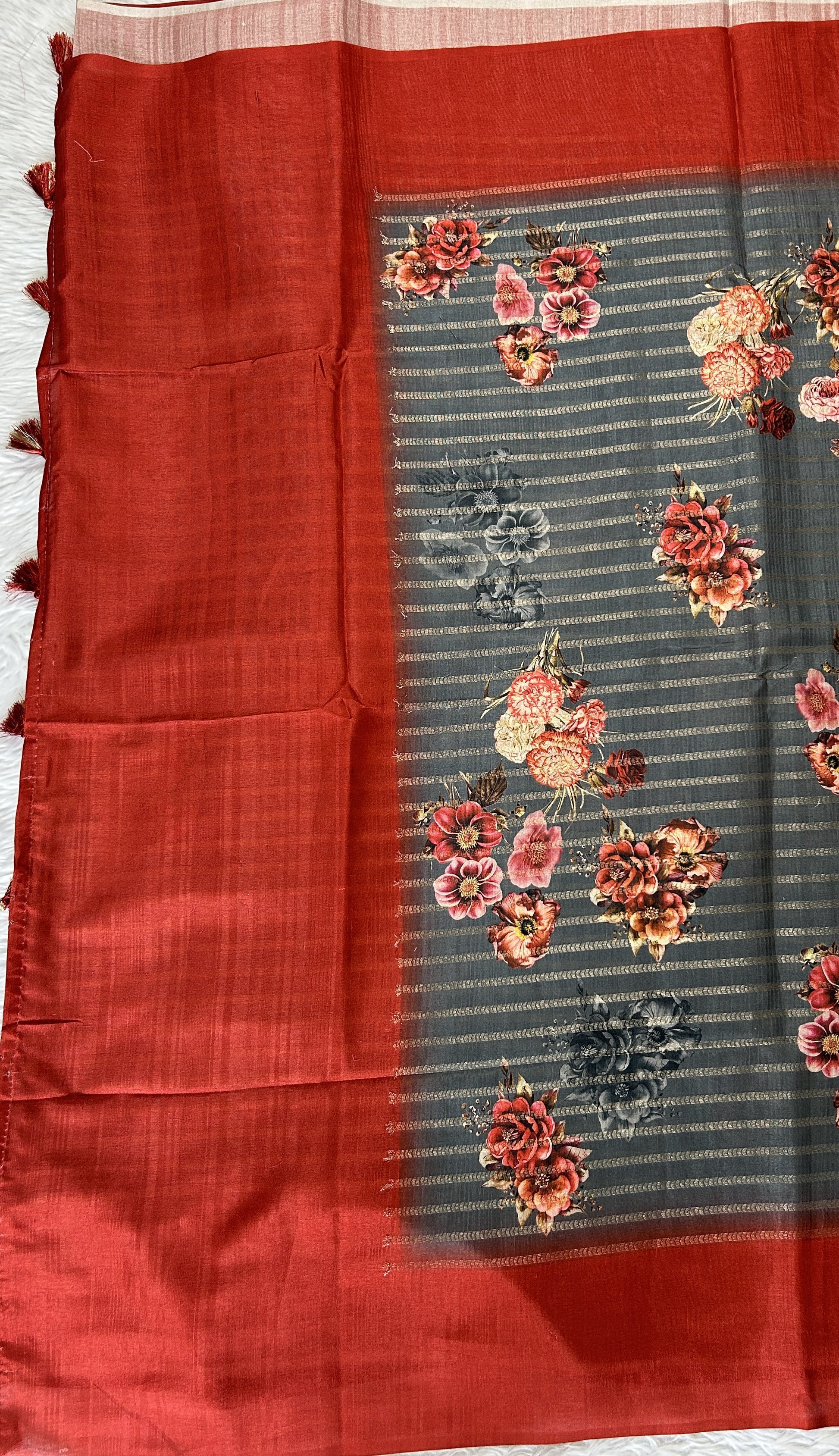 Semi Tussar Tissue Designer Saree Gray colored complemented with a Maroon Plain Border. - Sampradaya Designer Studio