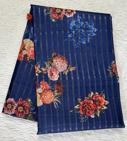 Semi Tussar Tissue Designer Saree Ink Blue colored complemented with a Pastel Orange Plain Border. - Sampradaya Designer Studio