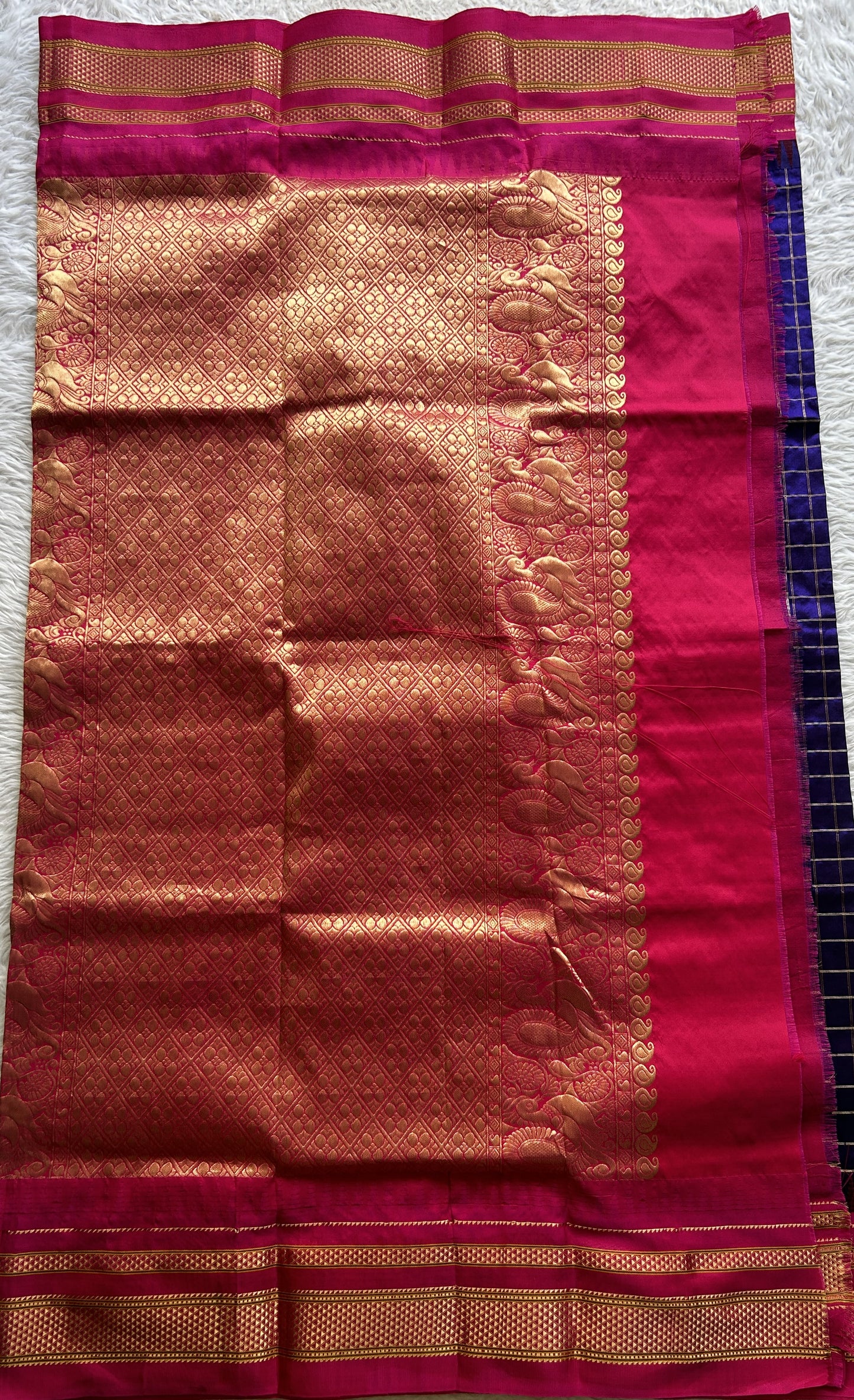 Narayanpet Silk Checks Saree Royal Blue Colored Complemented with a Zari Border. - Sampradaya Designer Studio