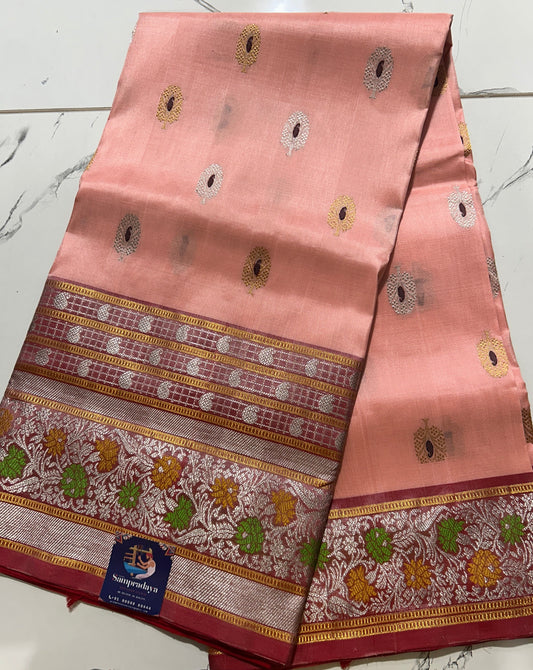 Venkatagiri Pattu Saree Peach Colored Complemented With a Pattu Silver and Red mix Color Border - Sampradaya Designer Studio