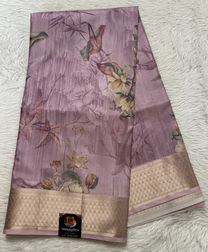 Banarasi Soft Silk Saree Lilac Colored Complemented with a Zari Border. - Sampradaya Designer Studio