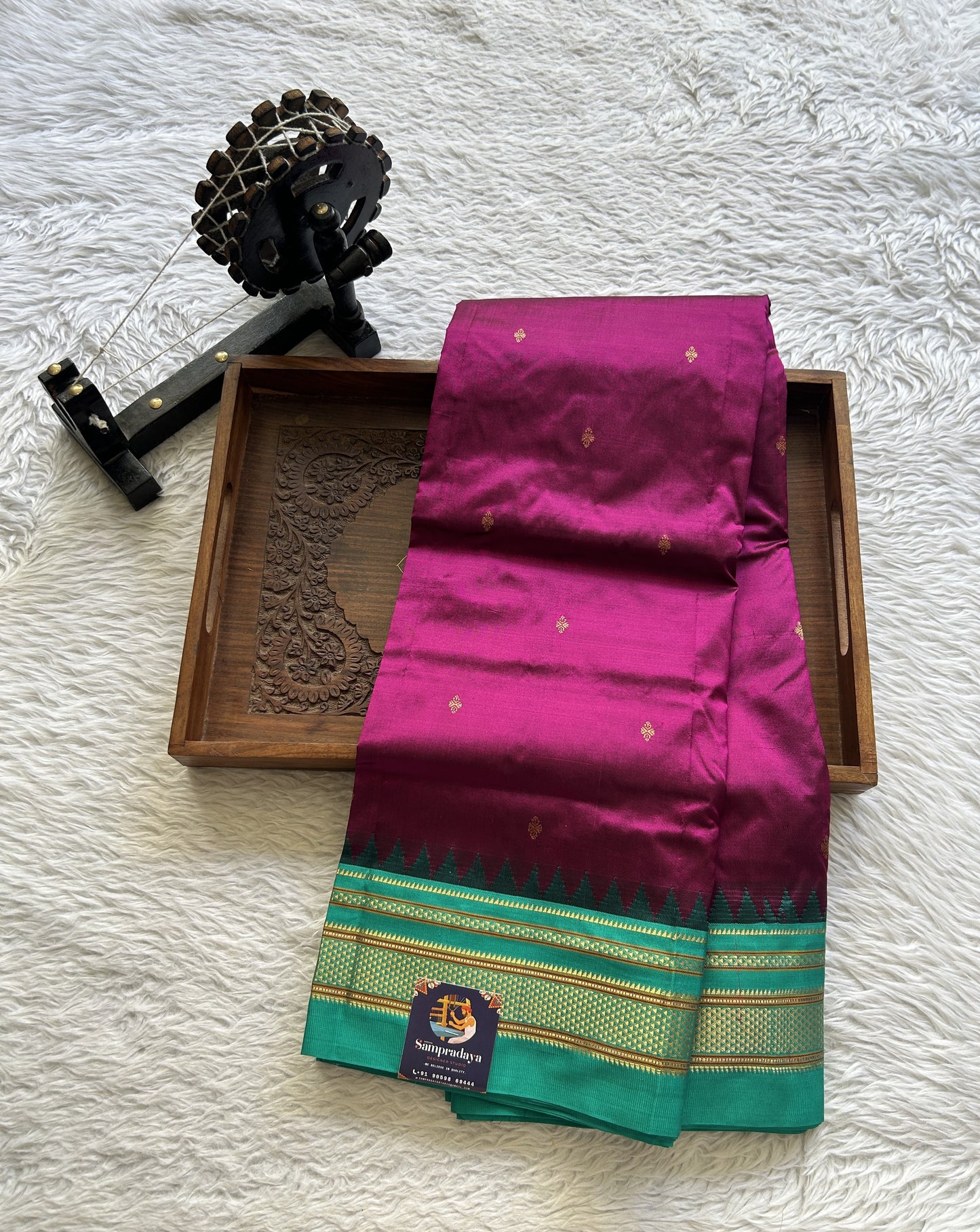 Narayanpet Silk Saree Purple Colored Complemented with a Rama Green Zari Border.