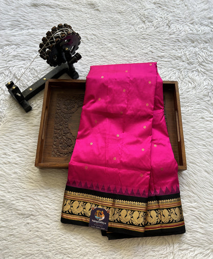 Narayanpet Silk Saree Hot Pink Colored Complemented with a Black Zari Border.